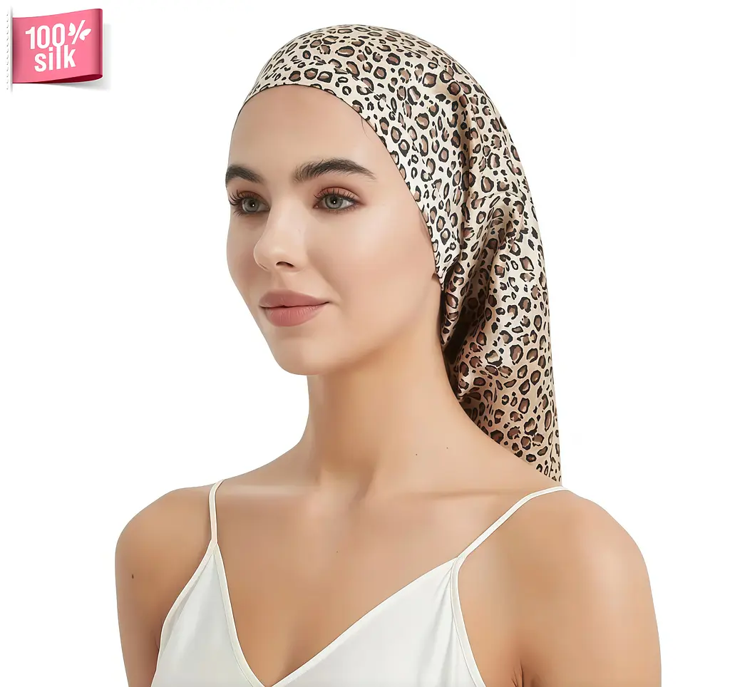 Шовкова шапочка для сну MaryuPHair з 100% натурального шовку для захисту волосся (леопардовий)