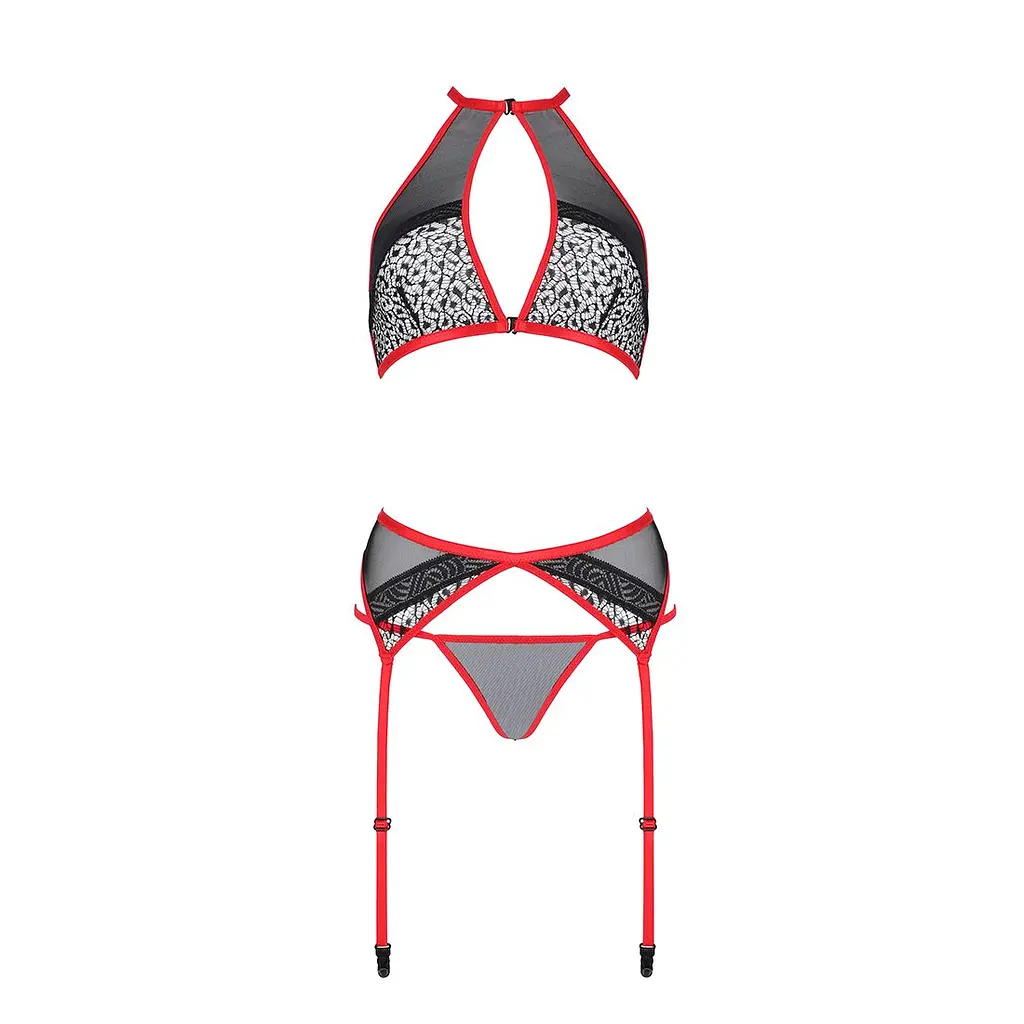 Комплект білизни Passion SATARA SET S/M red, топ, пояс для панчіх, стрінги - фото 3