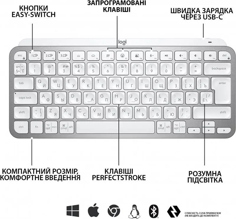 Клавіатура бездротова Logitech MX Keys Mini Wireless Illuminated UA Pale Gray (920-010499) - фото 6