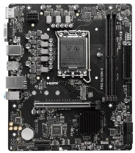 Материнская плата LGA1700, MSI PRO H610M-E, H610, 2xDDR5, Int.Video(CPU), 4xSATA3, 1xM.2, 1xPCI-E 4.0 x16, 1xPCI-E 3.0 x1, ALC893, RTL81 VGA/HDMI, MicroATX - фото 2