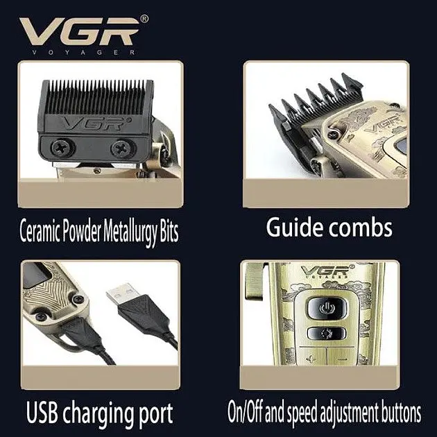 Акумуляторний триммер VGR V-005 машинка для стрижки волосся бороди та вусів зі змінними насадками 1,5-19 мм Золото - фото 4