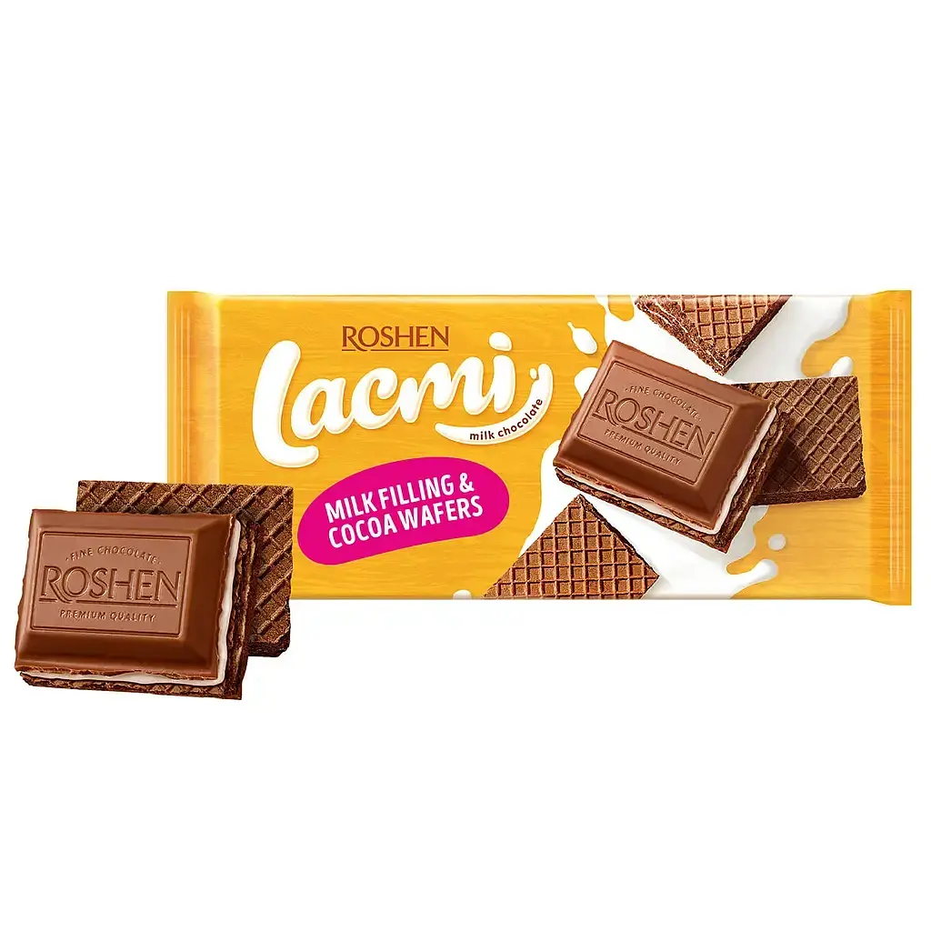 Упаковка шоколаду Roshen Lacmi молочний з молочною начинкою та вафлею 90 г х 12 шт - фото 2