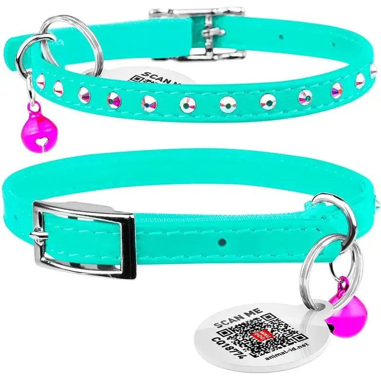 Ошейник для кошек Waudog Glamour кожаный с эластичной вставкой и стразами 22-30х0.9 см ментоловый - фото 3