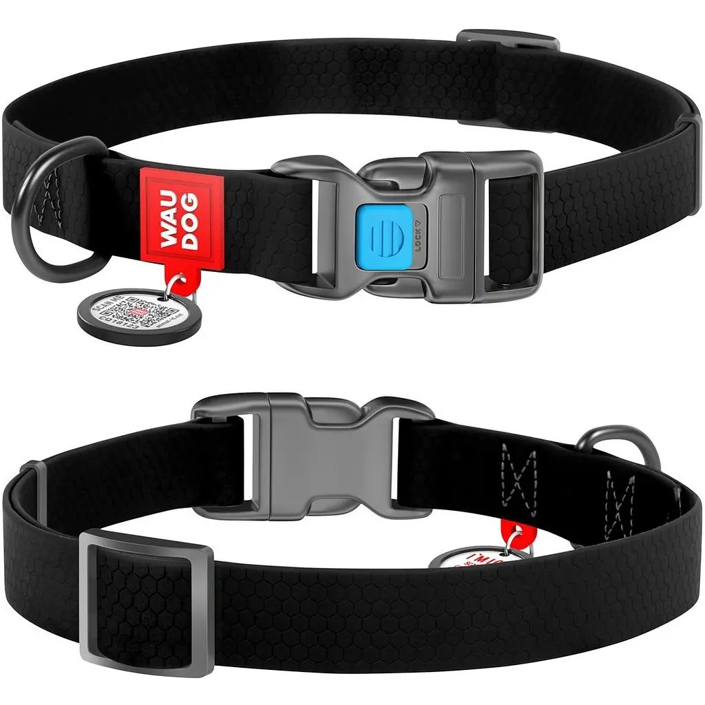 Ошейник для собак Waudog Waterproof, коллартекс, водостойкий, с QR паспортом, пластиковая пряжка-фастекс, 24-40х2 см, черный - фото 3