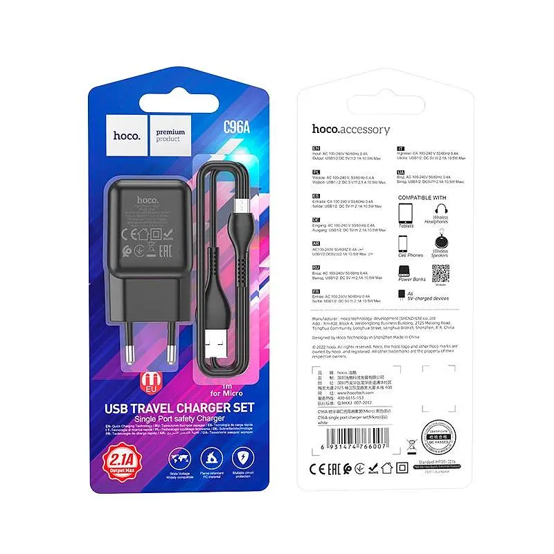 Набор зарядный Адаптер питания сетевой Hoco C96A + кабель Micro USB черный - фото 5