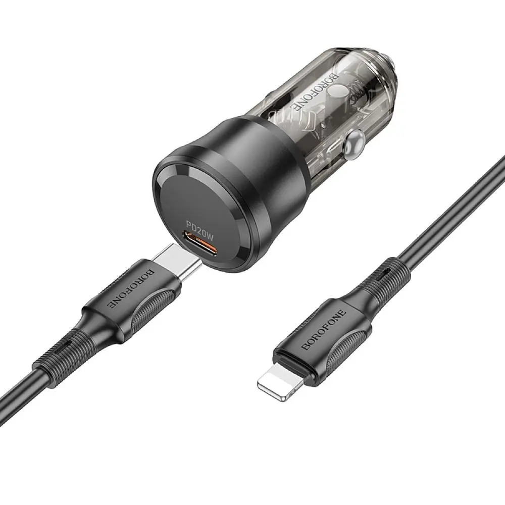 Автомобільний зарядний пристрій Borofone BZ24 Clever single port 1USB-C QC3.0/PD20W Type-C to Lightning Transparent Black (34162_3337969) - фото 5