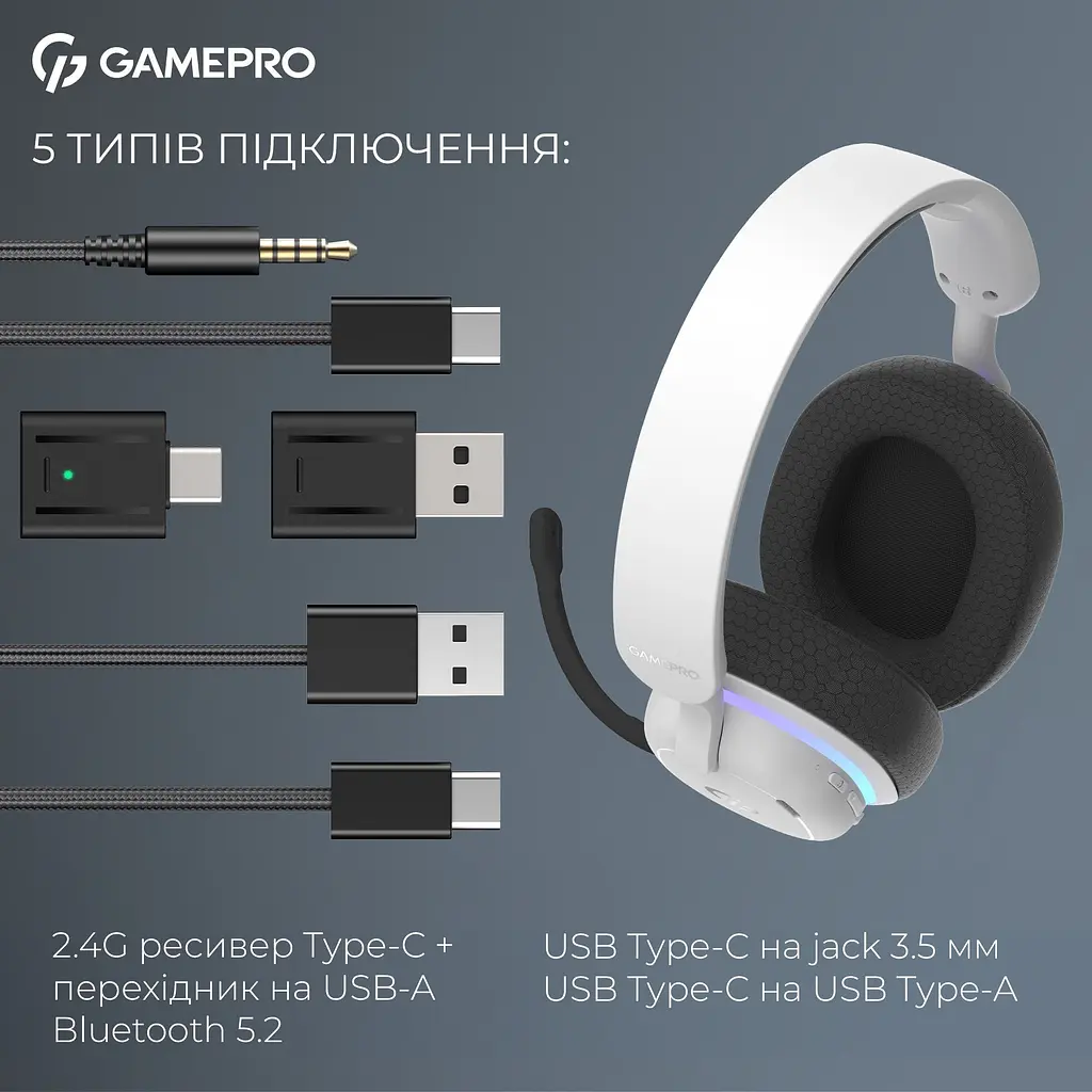 Навушники GamePro Asgard Bragi 7.1 RGB Tri-Mod White бездротові (HSW250W) - фото 8