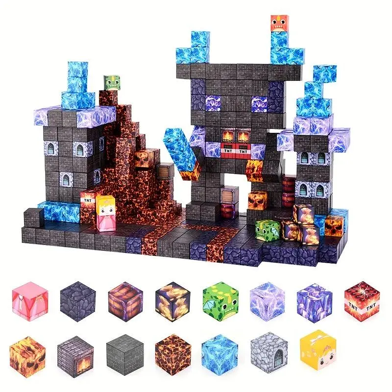 Магнітний конструктор Minecraft 100 шт + 3 фігурки кубики по грі Майнкрафт Замок Mk001016 - фото 4