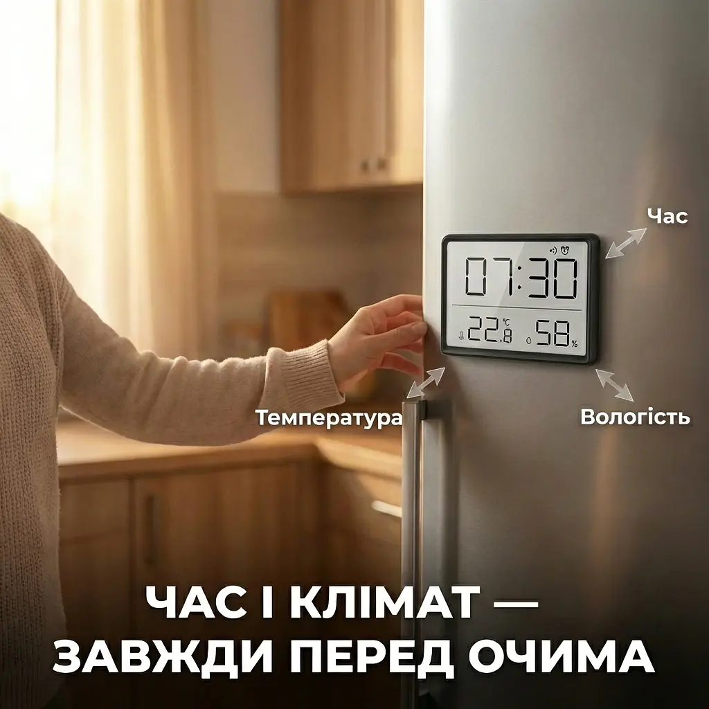 Годинник з термометром та гігрометром, цифровий будильник 9×7 см, з магнітним кріпленням, чорний - фото 11