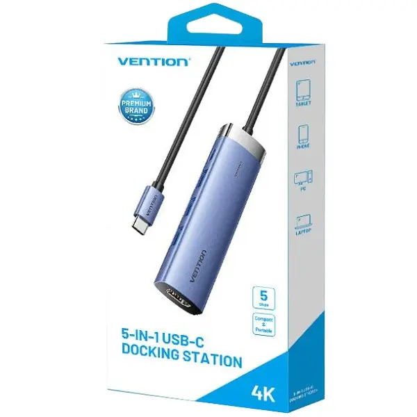 Док-станція USB3.1 Type-C --> HDMI/USB 3.0x3/PD 100W Синій Aluminum Alloy Hub 5-in-1 Vention - фото 3