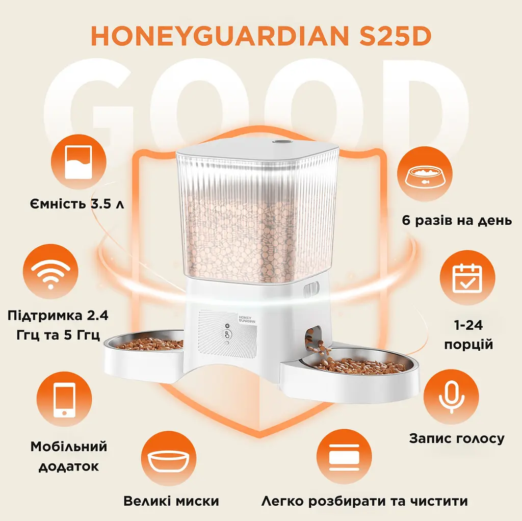 Автоматична годівниця для котів HoneyGuardian S25D 3,5 л Wi-Fi з двома мисками, Білий - фото 3