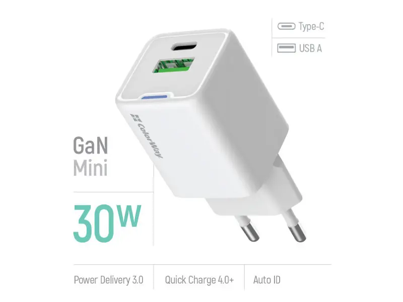 Мережевий зарядний пристрій ColorWay GaN Mini 30 W White (CW-CHS053PD-WT) - фото 3