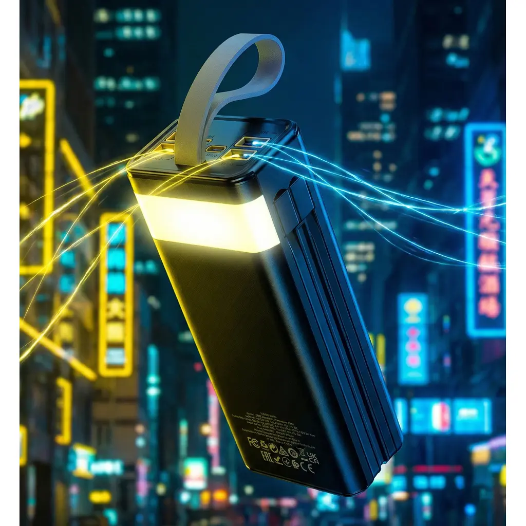Батарея універсальна HOCO 30000mAh Plentiful 22.5W, built-in cables, LED, Black (DB58 / 715030) - фото 9