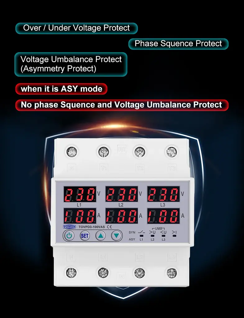Цифрове реле контролю напруги та струму трифазне TOMZN TOVPD3-100VAS 100A 3x220V Розумний захисний автомат змінного струму (19601) - фото 10