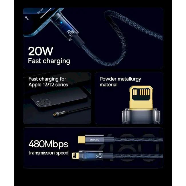 Кабель Baseus Explorer Series Auto Power-Off Fast Charging Cable Type-C to Lightning 20W 2m CATS000103 Blue - фото 8