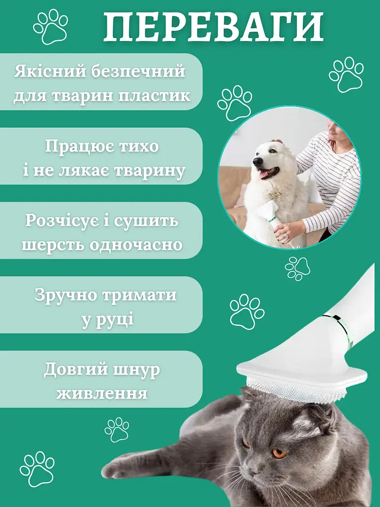 Фен гребінець 2 в 1 для шерсті собак та котів пуходерка інструмент для грумінгу домашніх тварин ANDER ONE білий (40307180) - фото 6