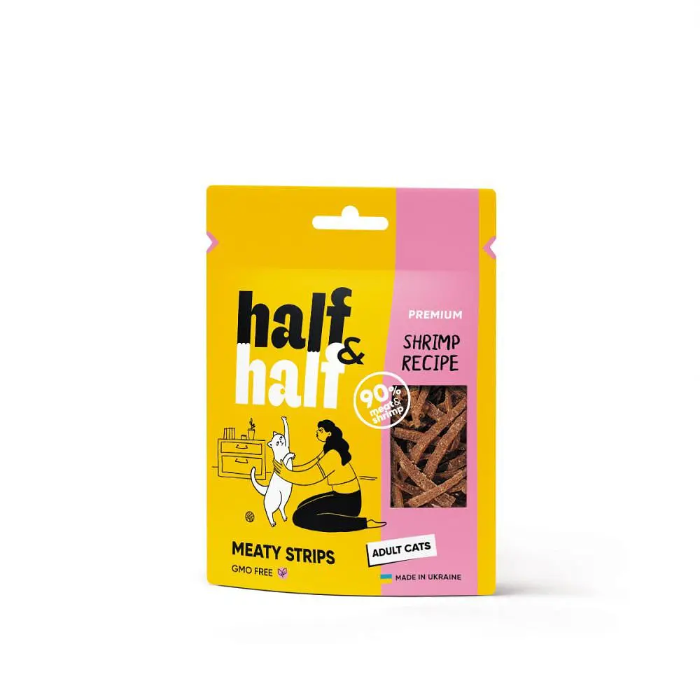 Ласощі для кішок Half&Half м'ясні смужки з креветкою, 50 г (арт.21250)