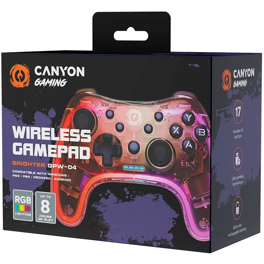 Геймпад Canyon GPW-04 Brighter, Red/Pink, бездротовий (USB 2.4GHz), для ПК / PS4 / PS3 / Android / Xbox 360, 17 кнопок, подвійна вібрація, RGB підсвічування, 800 mAh (CND-GPW04) - фото 2