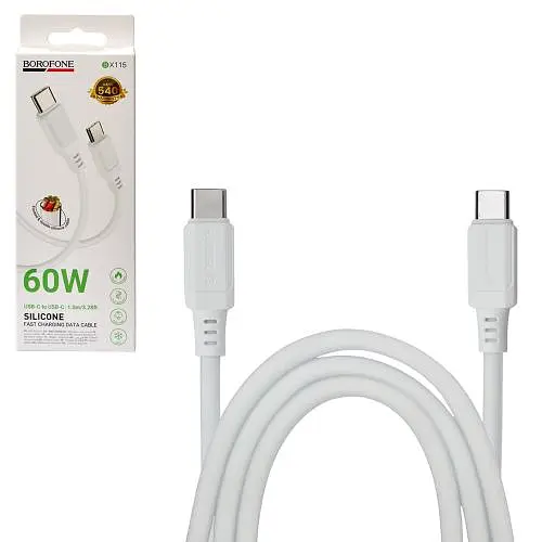Кабель BOROFONE BX115W, Type-C - Type-C 60W, 1m, White (швидка зарядка/передача даних)