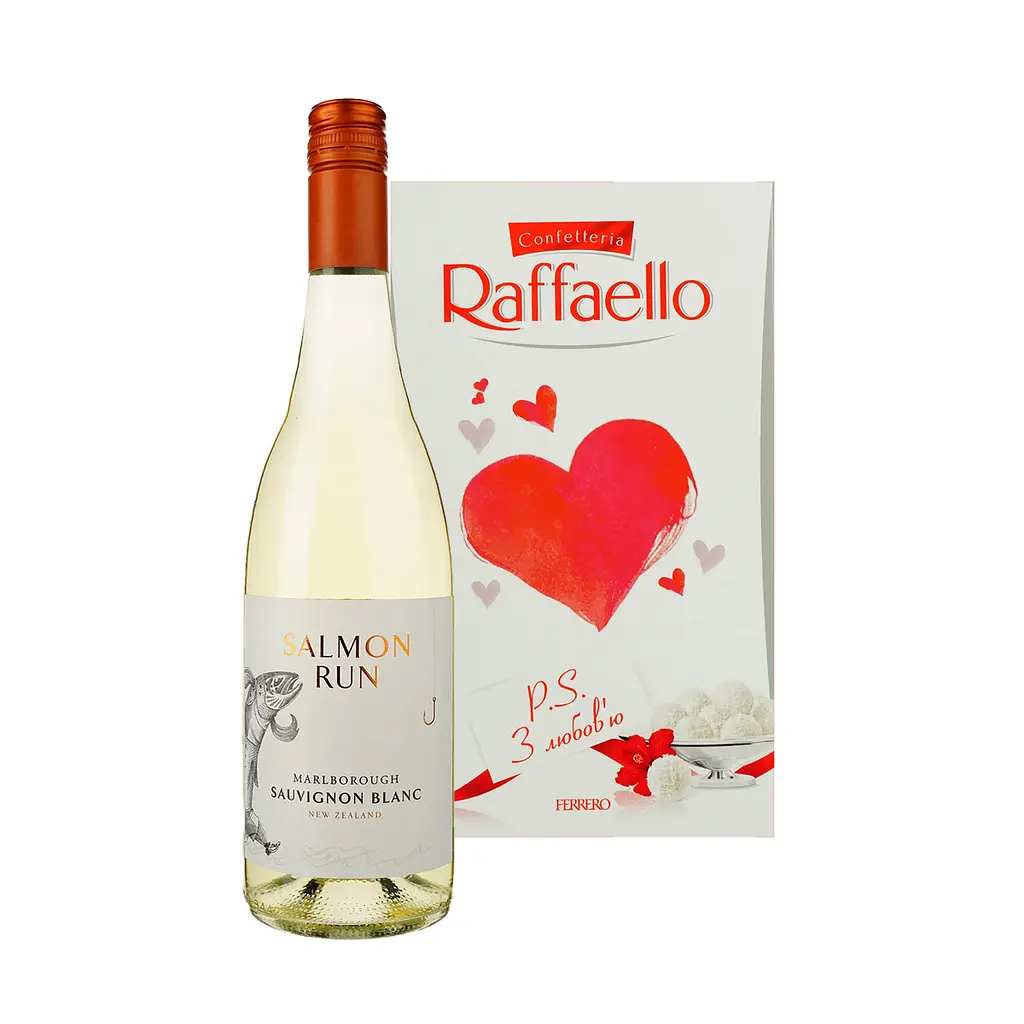 Набір: Вино Salmon Run Marlborough Sauvignon Blanc біле сухе 0.75 л + Цукерки Raffaello 80 г - фото 1