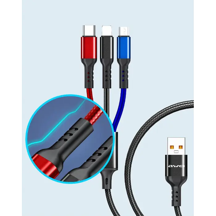 Кабель для заряджання телефонів AWEI CL 971 3 в 1 USB to Type-C+Lightning+MicroUSB 2,4A - фото 3