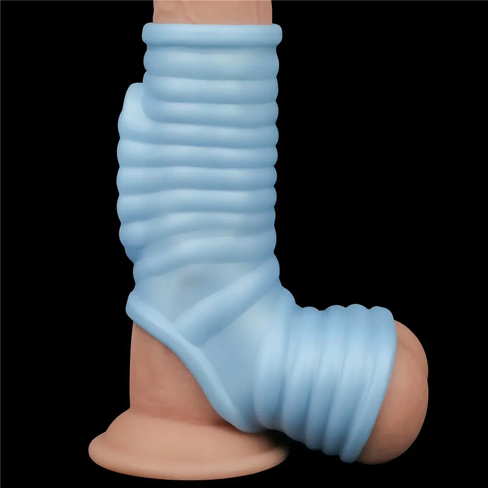 Насадка на пеніс з вібрацією Lovetoy Knights Ring Vibrating Wave With Scrotum Sleeve 14.4 см блакитний - фото 3