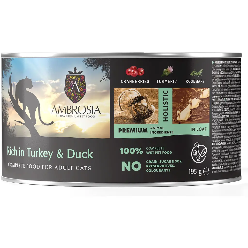 Вологий корм для дорослих котів Ambrosia Wet Food шматочки в бульйоні з індичкою та качкою 195 г