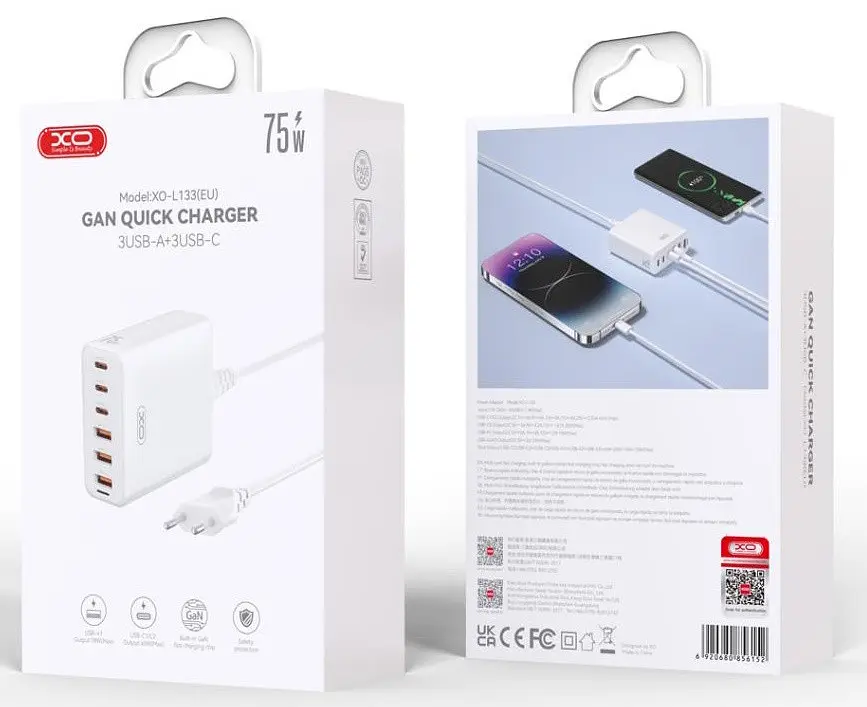 Сітчастий зарядний пристрій XO L133 Desktop GaN 3USB-A/3USB-C 75W 1.5m Білий - фото 3