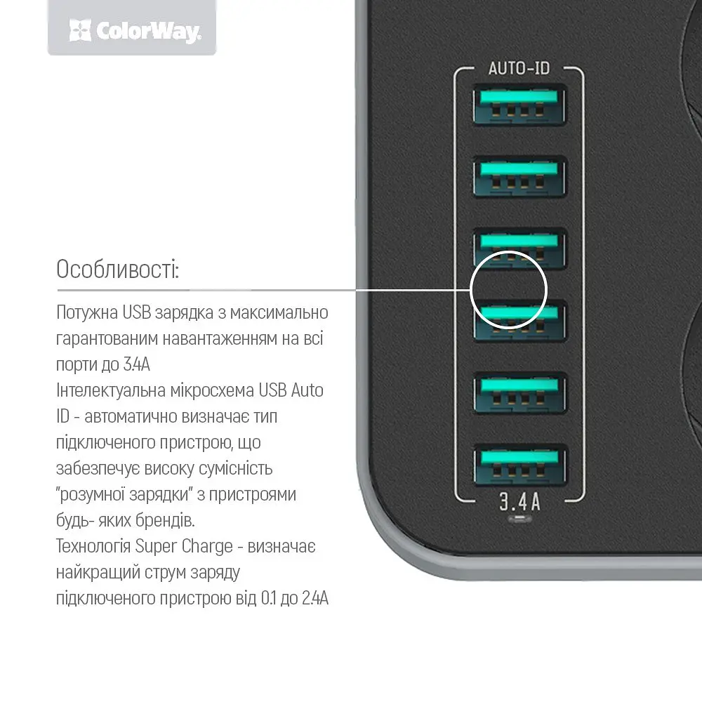 Мережевий фільтр-подовжувач СolorWay 3 розетки/6USB (CW-CHE36B) - фото 4