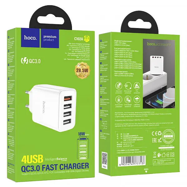 Зарядний пристрій 4 usb порти HOCO C102A Fuerza 4 USB 28.5W QC3.0 - фото 2