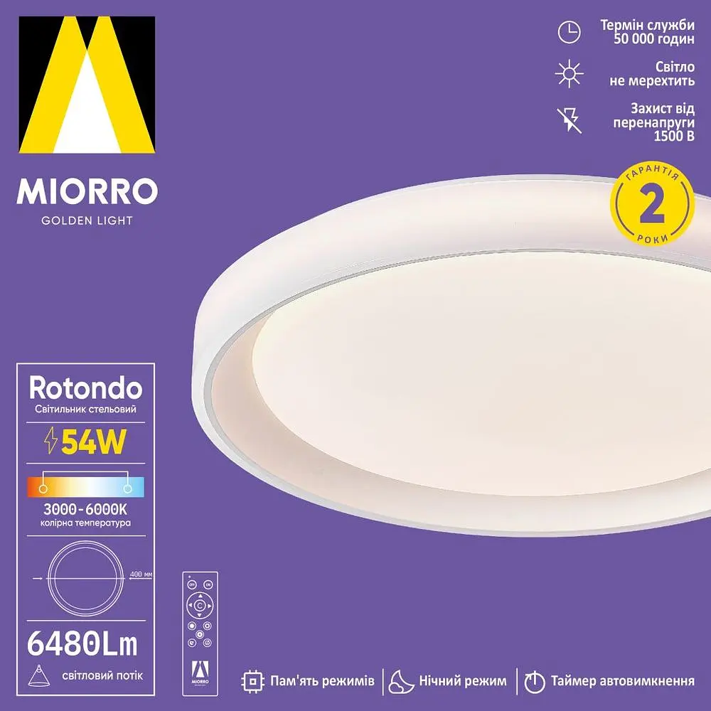 Світильник стельовий Miorro LED Rotondo з пультом ДУ 54W 6480 Лм 400 мм білий (51-313-031) - фото 2