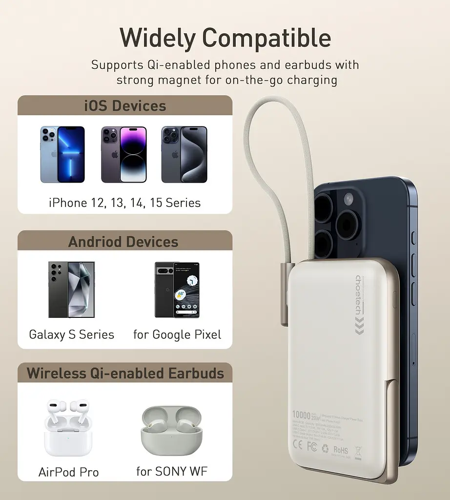Універсальна мобільна батарея Choetech Magnetic Wireless 10000mAh 20W PD USB-C In/Out, Qi-15W - фото 6