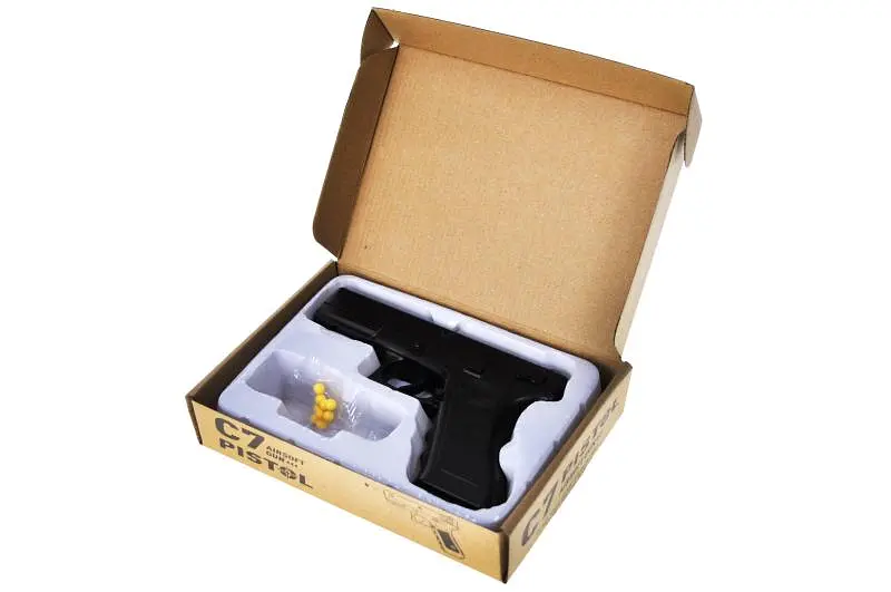 Іграшковий пістолет металевий на кульках кульки C7 Airsoft Gun Pistol, в коробці чорний. 18,7x13x4,2 см - фото 2