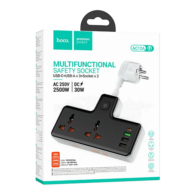 Подовжувач AC12A Reise (PD30W/1C3A) + Socket Black Hoco teh0029523 - фото 4