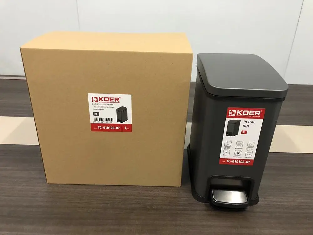 Відро для сміття з плавним закриттям прямокутне Koer TC-010108-07 8 л graphite KR5591, Графит - фото 6
