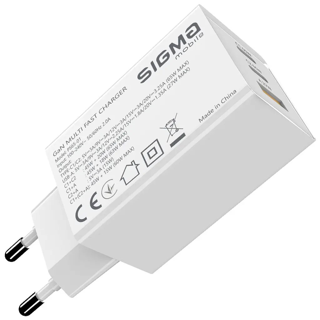 Зарядний пристрій Sigma 2xUSB-C PD65 Вт + 1xUSB QC3.0 GaN X-power PS65-01 білий (4827798637715) - фото 10