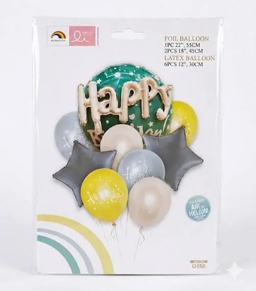 Набір надувних фольгованих кульок Happy Birthday з сірими зірками яскраві декоративні для свят 6 шт Різні кольори - фото 2