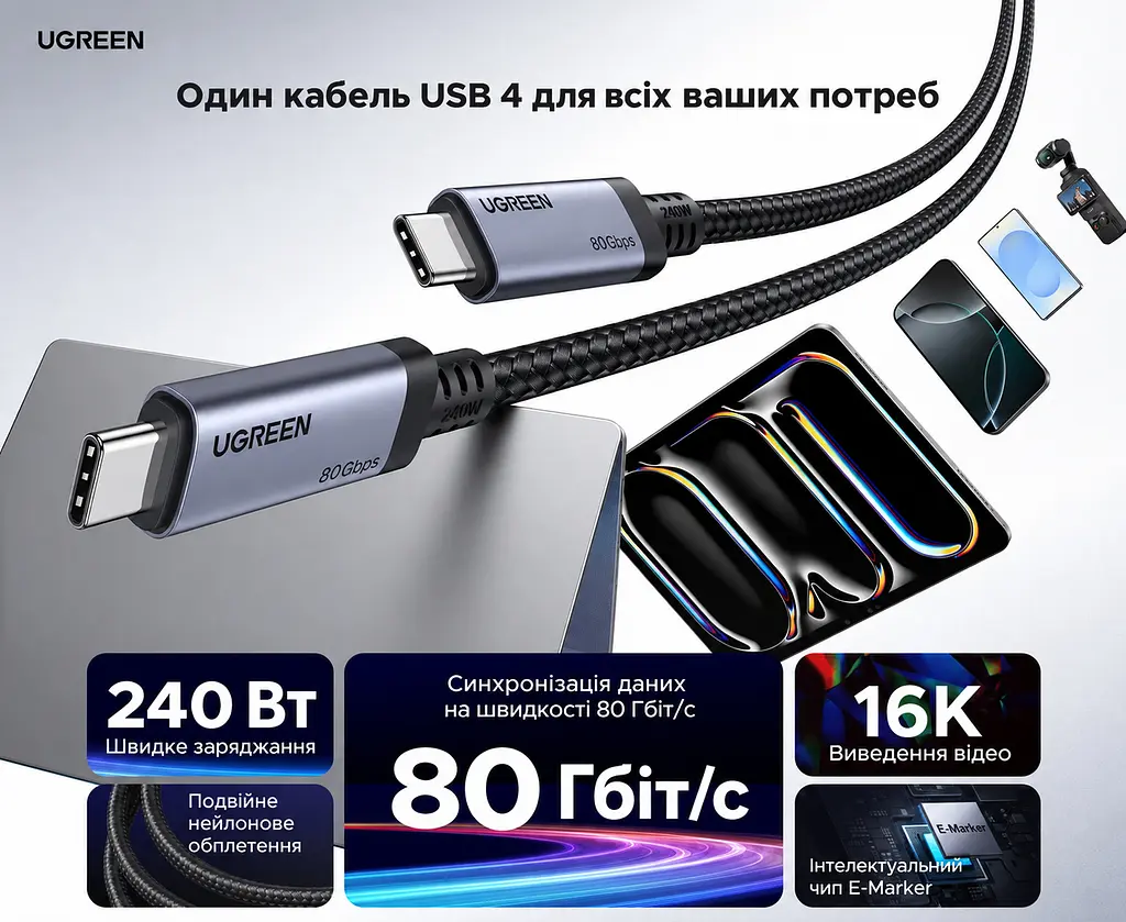 Кабель UGREEN L706 USB-C - USB-C USB4 80 Гбіт/с PD 240 Вт 1 м космічний сірий (65383) - фото 2