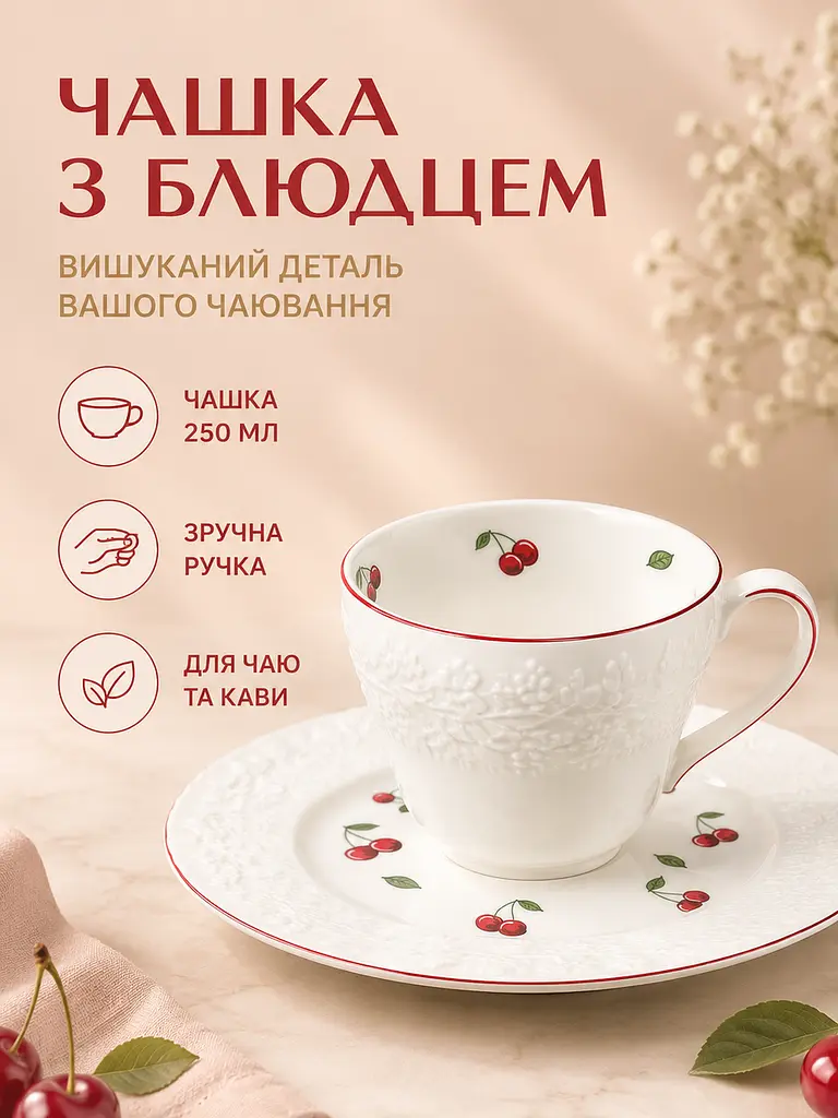 Столовий сервіз фарфоровий на 6 персон 34 предмети, тарілки 25,5/20,5 см, чашки 250 мл (49676225) - фото 4