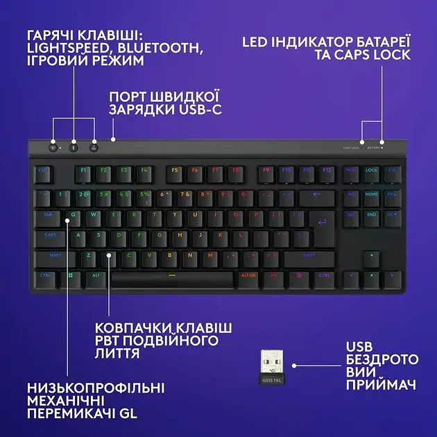 Клавиатура беспроводная Logitech G515 LIGHTSPEED TKL (920-012565) черная - фото 8