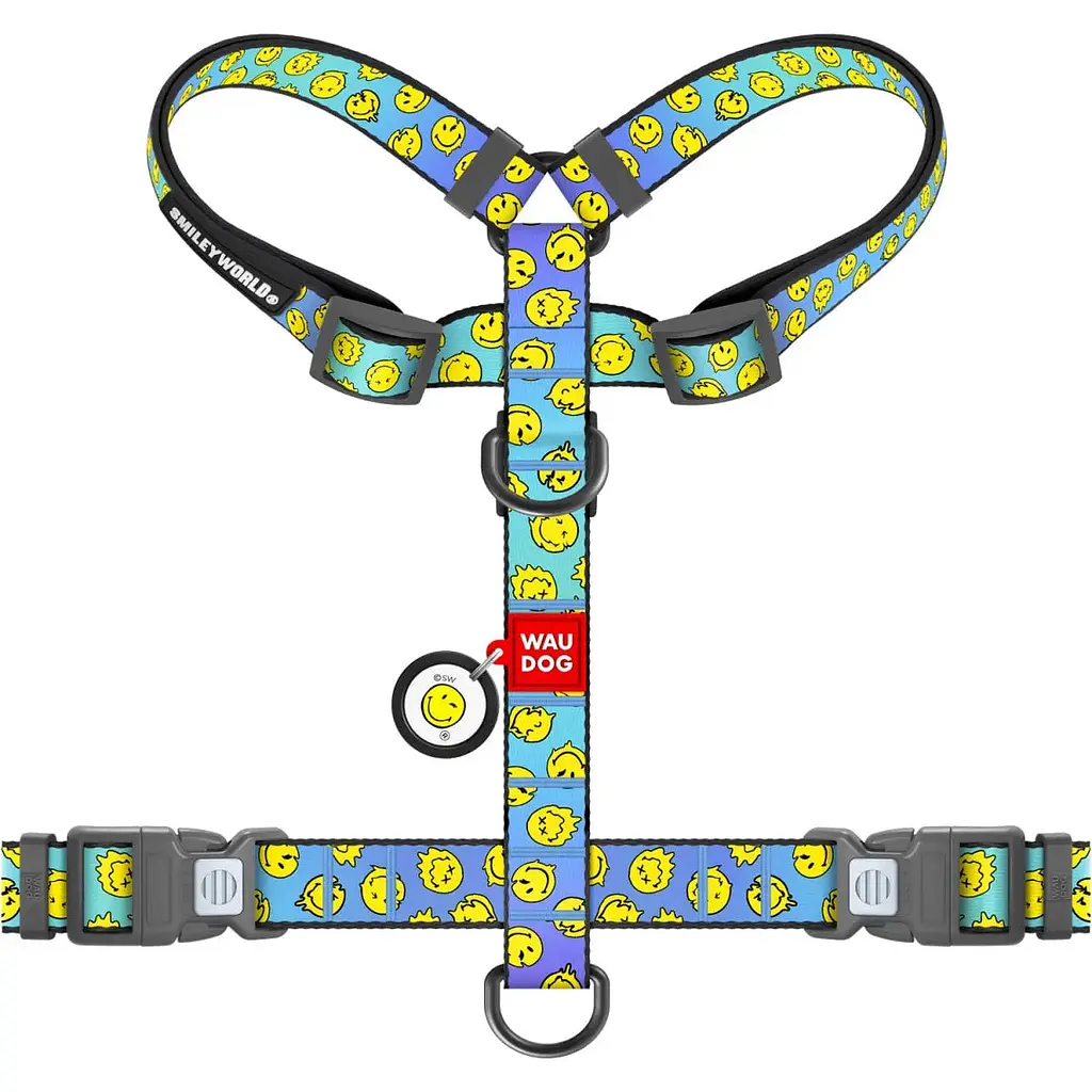 Шлея для собак Waudog Nylon анатомічна H-подібна з QR-паспортом розмір M 2х38-60х46-60 см смайли на блакитному - фото 2
