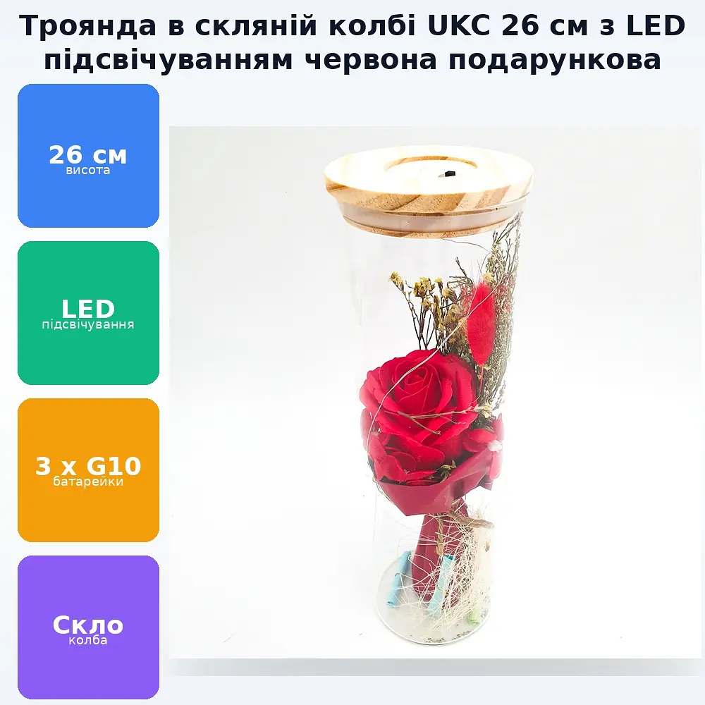 Троянда в скляній колбі UKC з LED підсвічуванням подарункова експозиція в коробці 26 см червона - фото 12