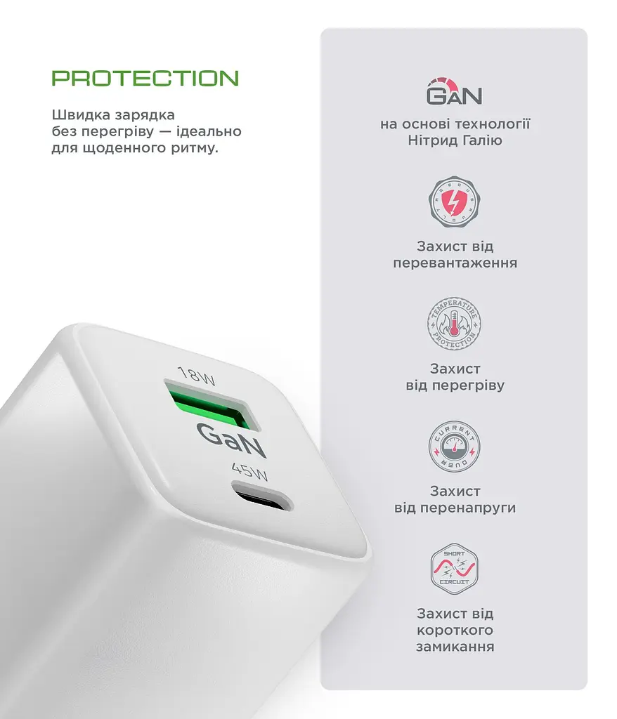 Зарядний пристрій Armorstandart AR372 45W GaN Type-C + USB-A White (ARM77550) - фото 11