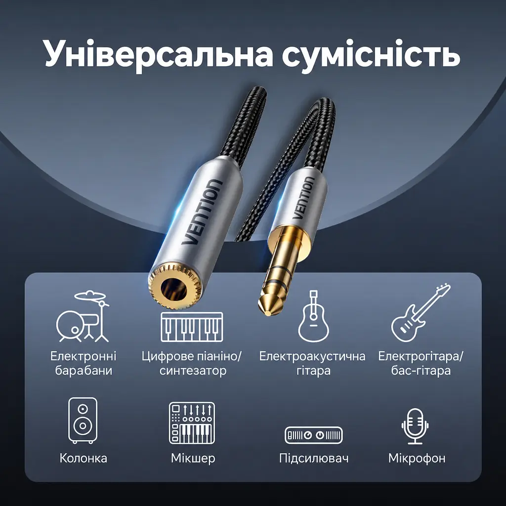 Аудіокабель-подовжувач Vention 2 м Jack 6,35 мм TRS штекер на гніздо для подовження кабелю навушників із відповідним штекером з екрануванням фольгою та металевим обплетенням у бавовняному обплетенні з позолоченими роз’ємами сірий (BCXHH) - фото 10