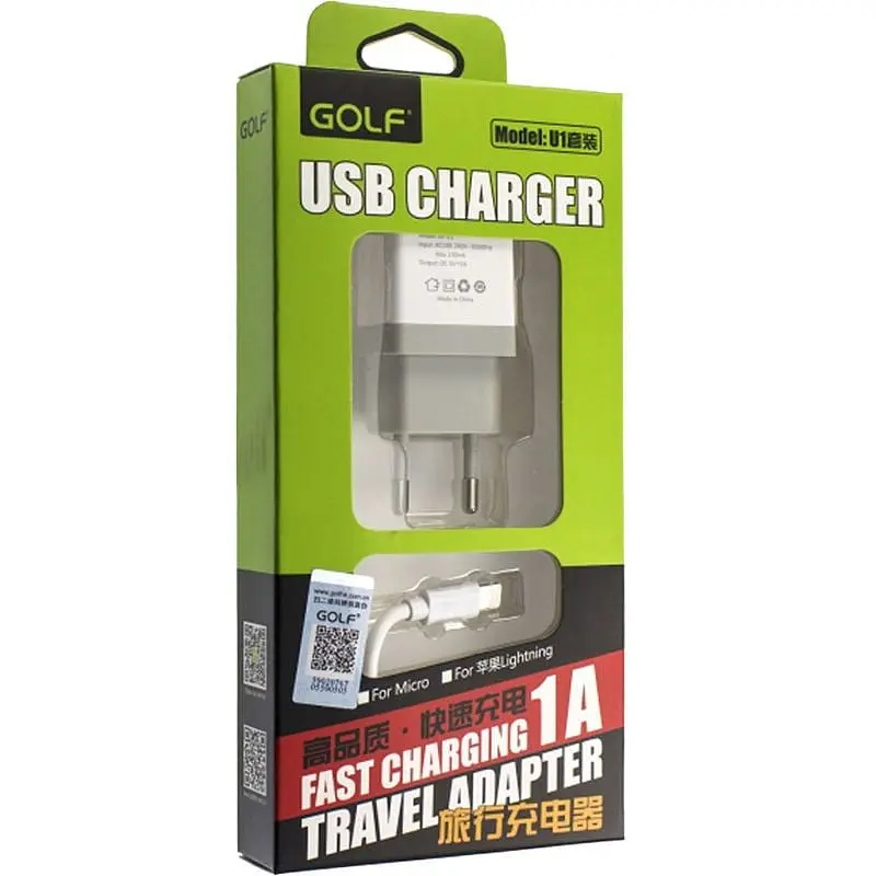 Сетевое зарядное устройство GOLF GF-U1 Travel charger + Lightning cable 1USB 1A White - фото 3