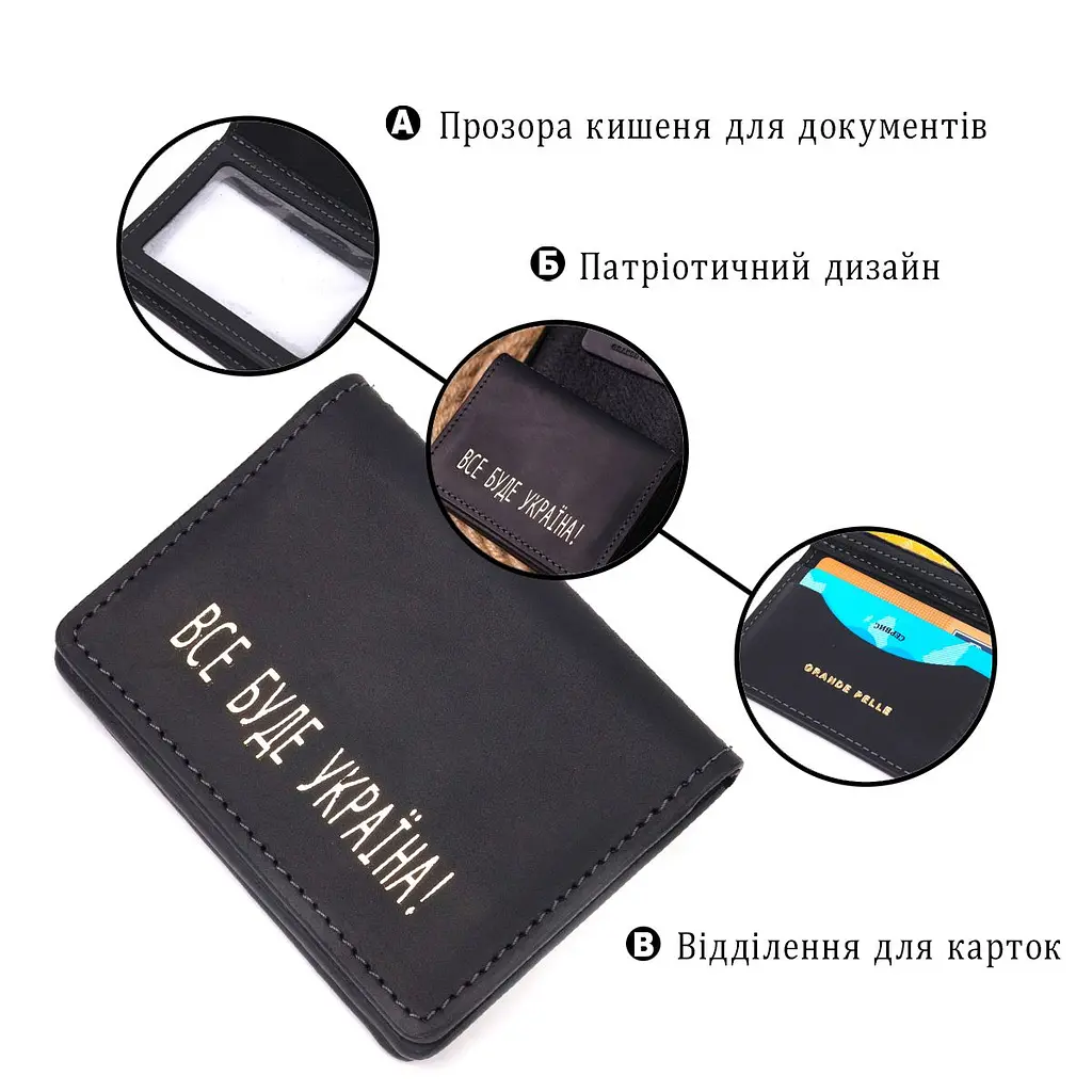 Містка обкладинка на автодокументи у вінтажній шкірі Україна Grande Pelle 16709 чорна - фото 4