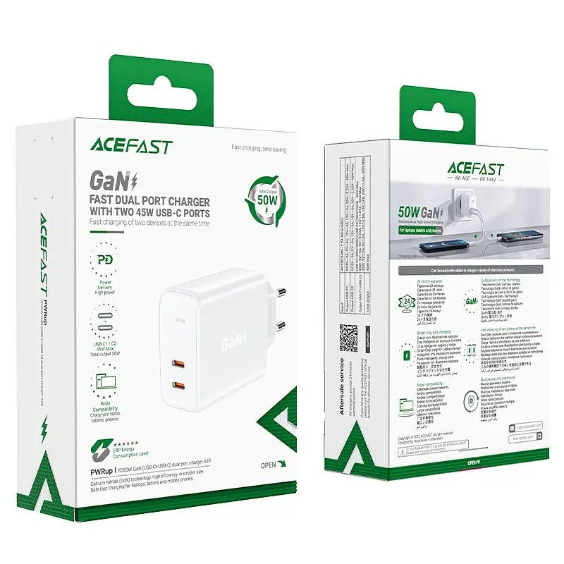 Адаптер живлення мережевий ACEFAST GaN A29 на 2 Type-C виходу потужністю 50W білий - фото 2