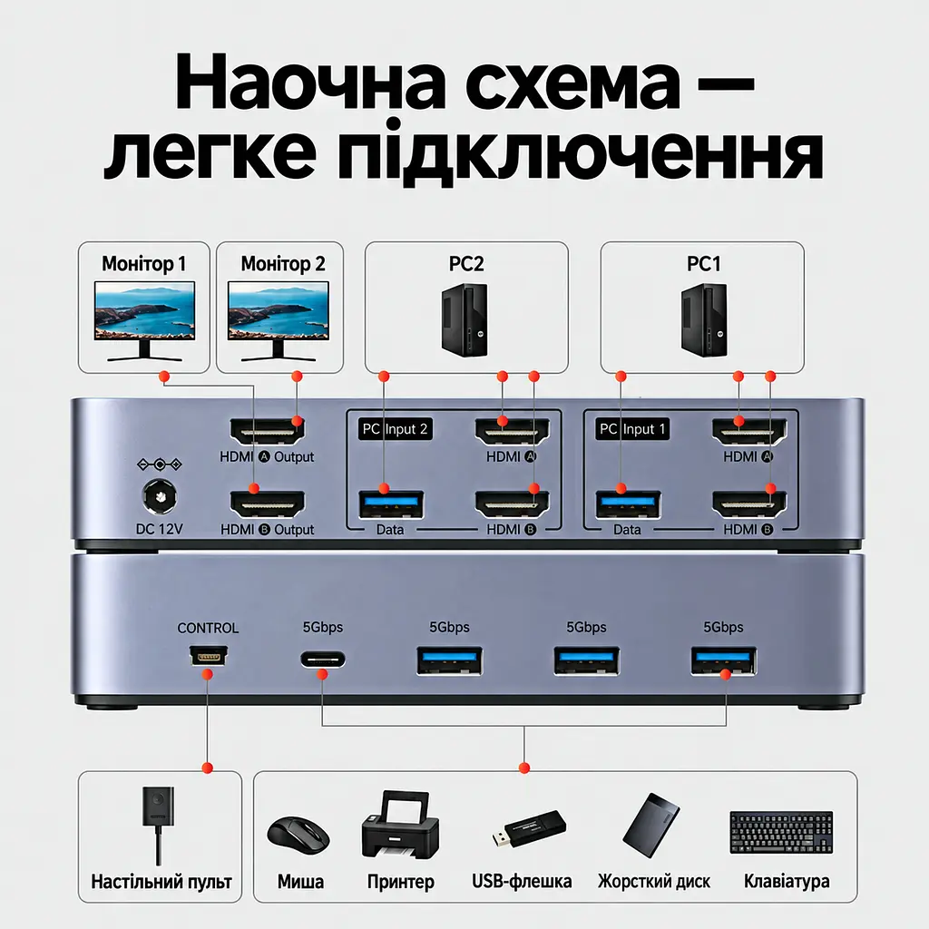 HDMI KVM-перемикач UGREEN AK500 2 ПК і 2 монітори 4K 60 Гц 2K 144 Гц 1080p 240 Гц по 2 HDMI-входи на ПК і 2 HDMI-виходи для периферії 3 USB-A та USB-C USB 3.0 5 Гбіт/с живлення DC 12 В (85719) - фото 2
