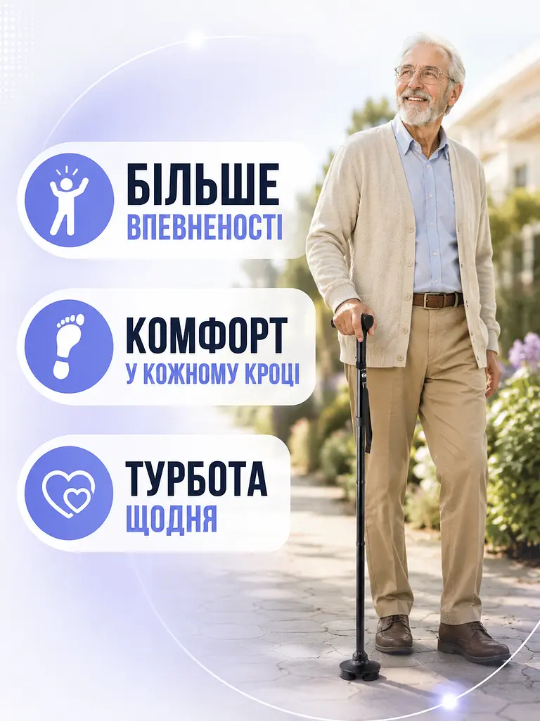 Тростина складна телескопічна з ліхтариком і потрійною опорою 84–94 см чорна (49676039) - фото 8
