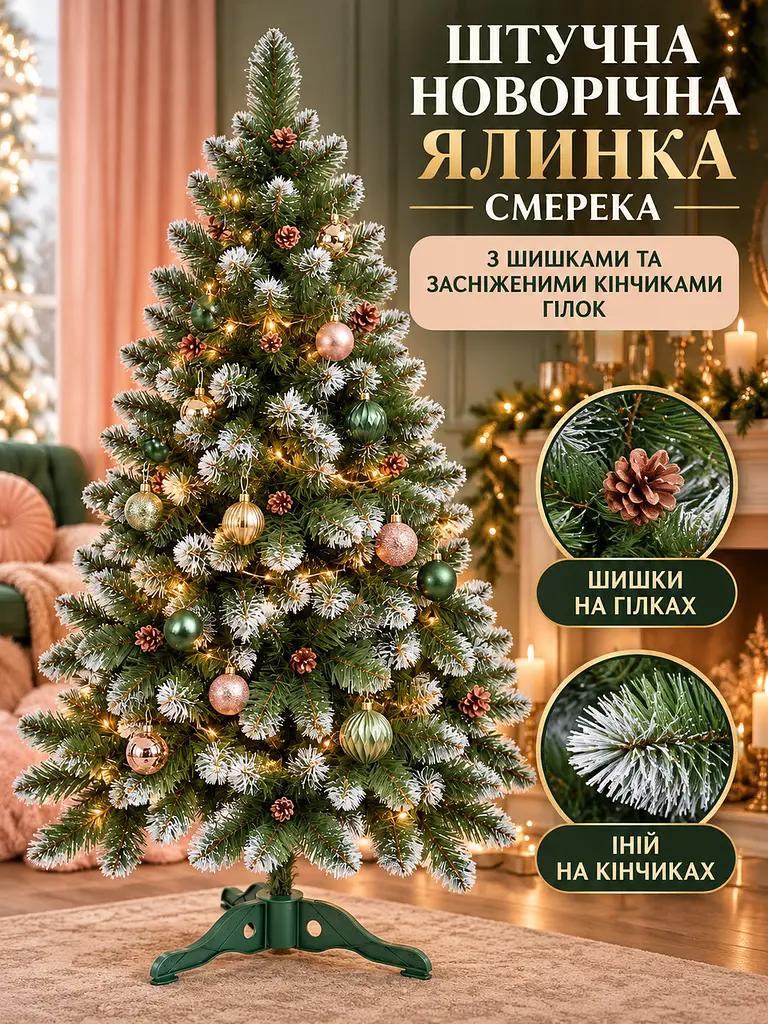 Сертифікована ялинка штучна пухнаста із снігом та шишками YaLINKA Е15 150 см із високоякісного нешкідливого вогнетривкого - фото 3